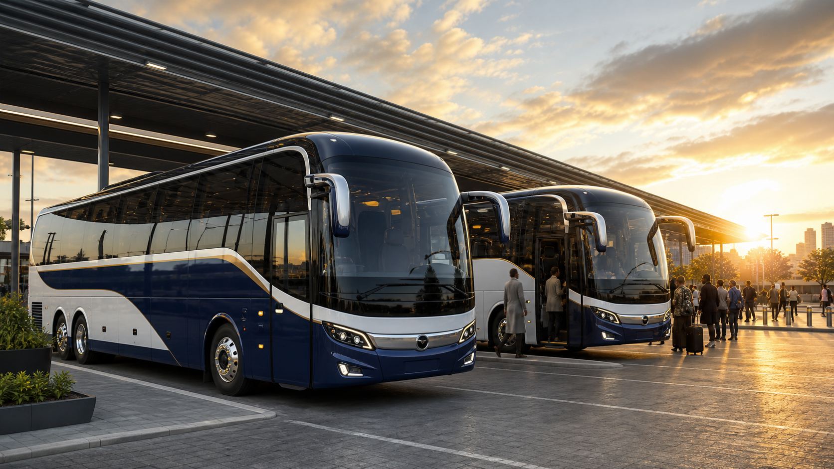 Luxury intercity buses ready for passenger boarding